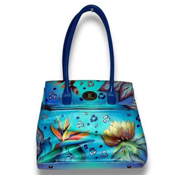 Anuschka Blue Colorful Tropical Floral Design Handpainted Leather Shoulder Bag